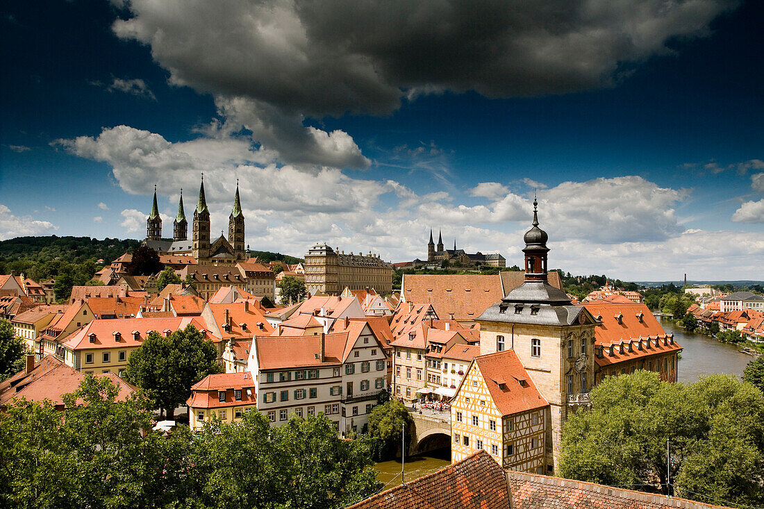 View to Bamberg Cathedral, St. Michael's church and old Town Hall, Bamber, Bavaria, Germany
