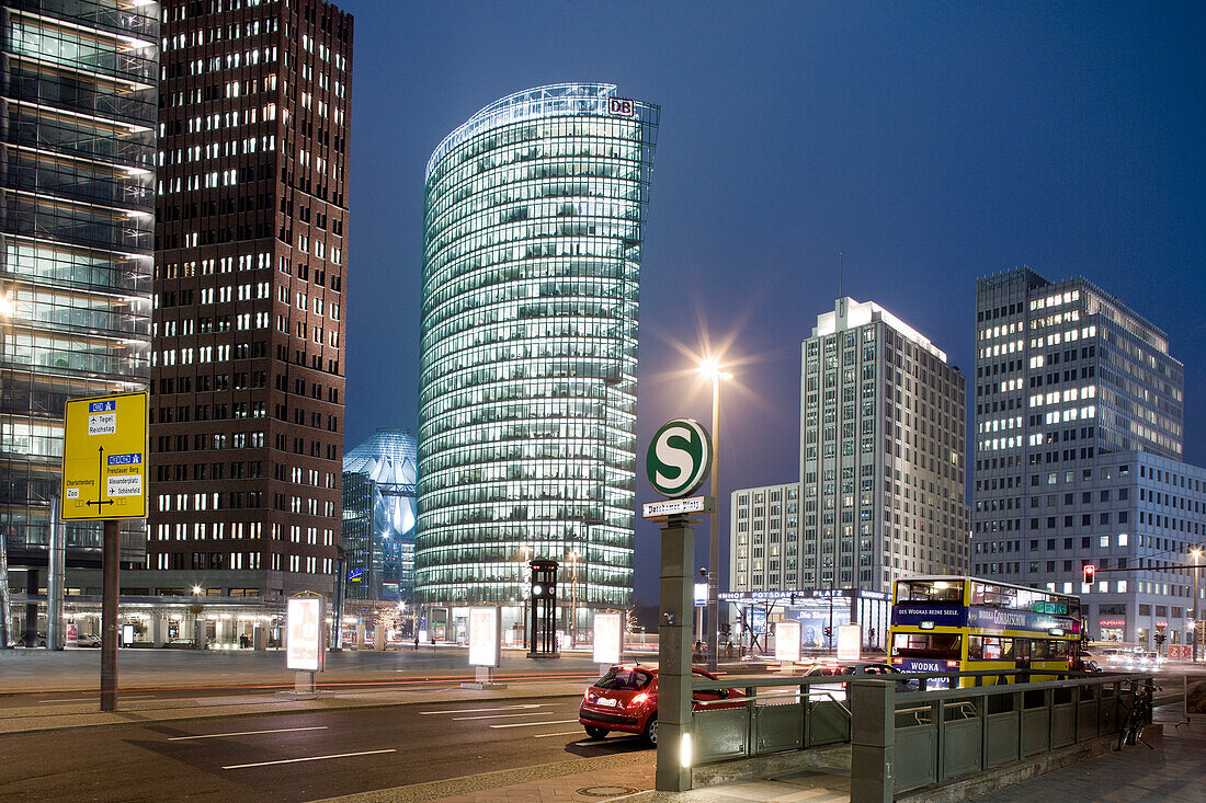 Potsdamer Platz from left to right Renzo Piano Tower, Hans Kollhoff Tower, Sony Center, Bahn Tower, Beisheim Center and Delbrueck Tower, Berlin, Germany, Europe