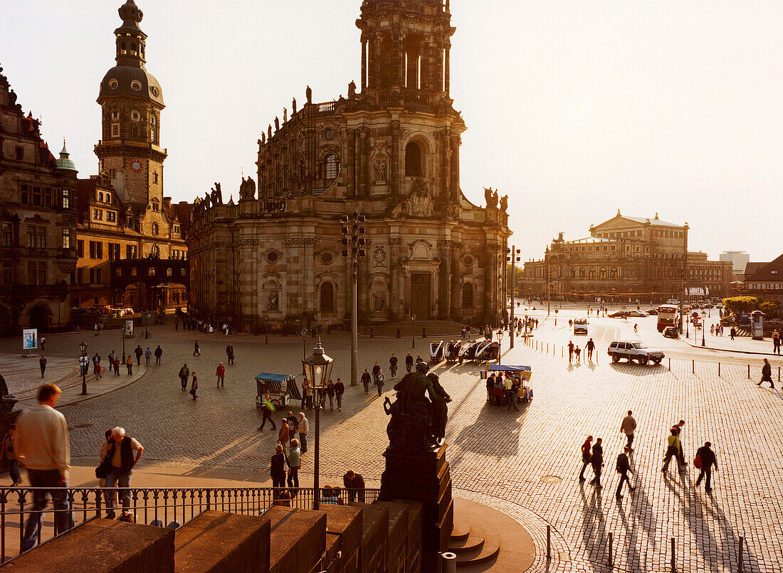Schlossplatz with Dresden Castle, Katholische Hofkirche and Semperoper in the background, Dresden, Saxony, Germany