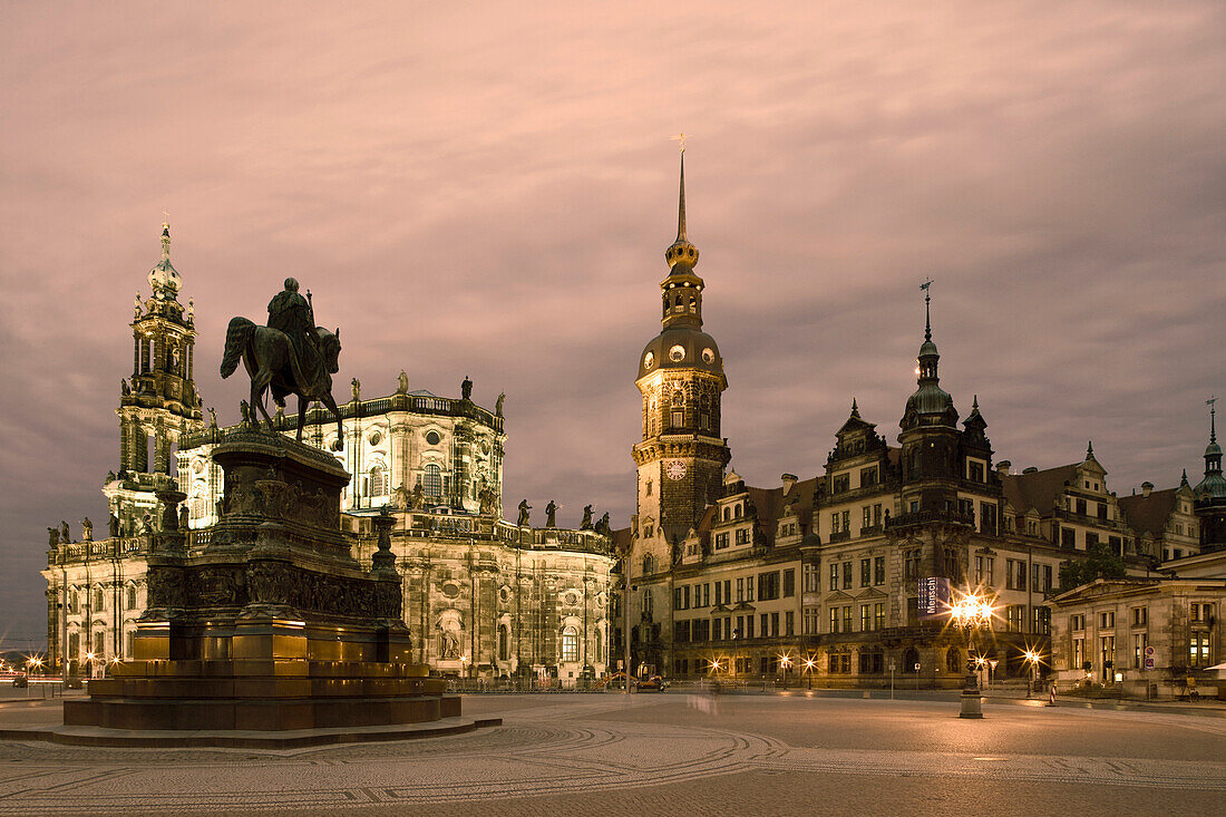 Theater square with Katholische Hofkirche, Dresden Castle and King John monument at night, Dresden, Saxony, Germany