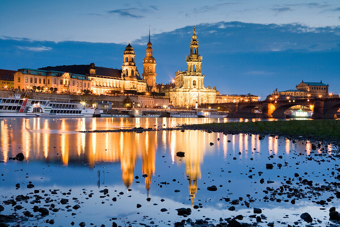 View over river Elbe to Bruhl's Terrace, Dresden Castle, Standehaus, Katholische Hofkirche and Semperoper, Dresden, Saxony, Germany