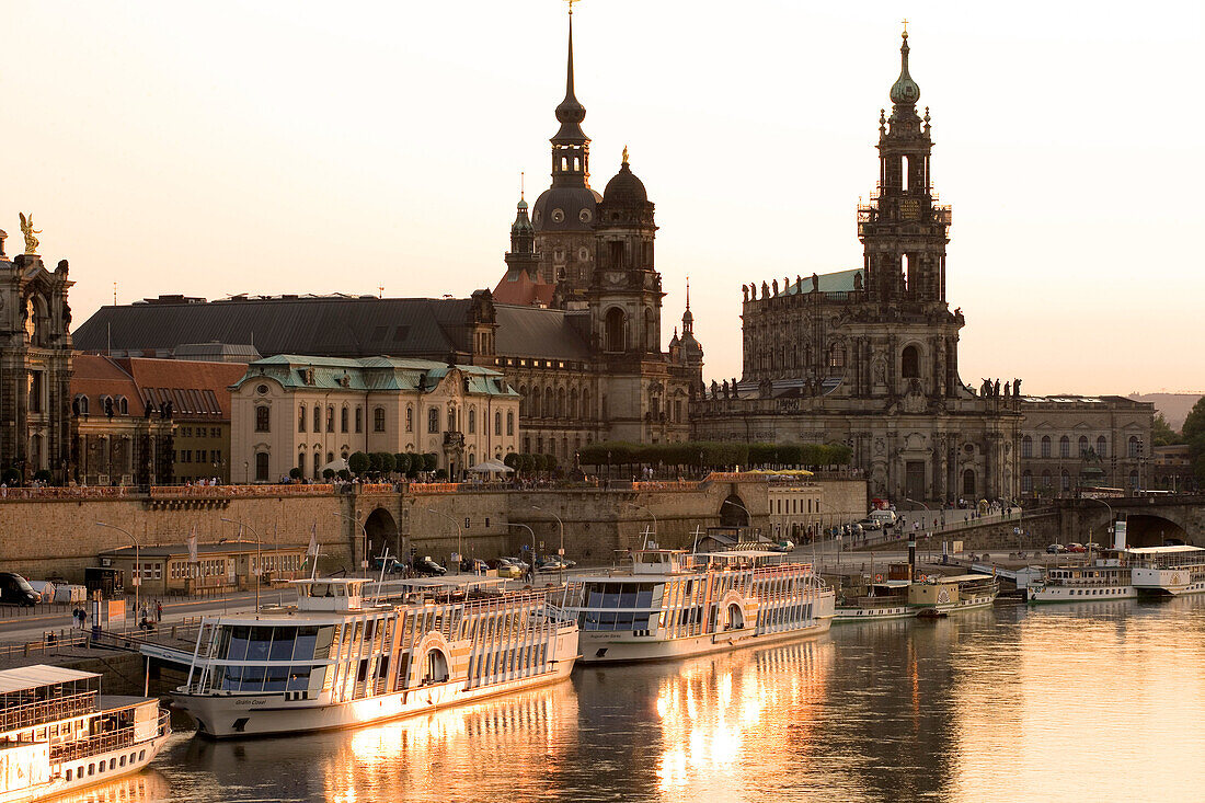 Skyline of Dresden with Bruehlsche terrace, Dresden castle Residenzschloss, Staendehaus, Haussman Tower and Catholic Court Church, Dresden, Saxony, Germany, Europe