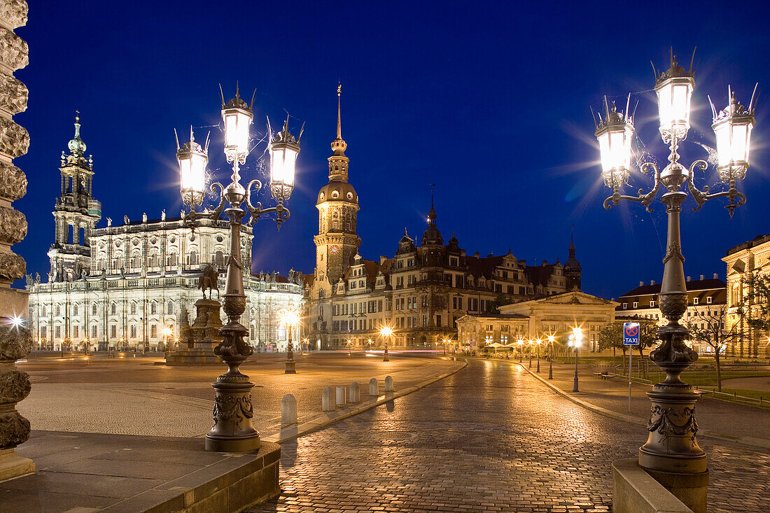 Theaterplatz with Katholische Hofkirche and Dresden Castle at night, Dresden, Saxony, Germany