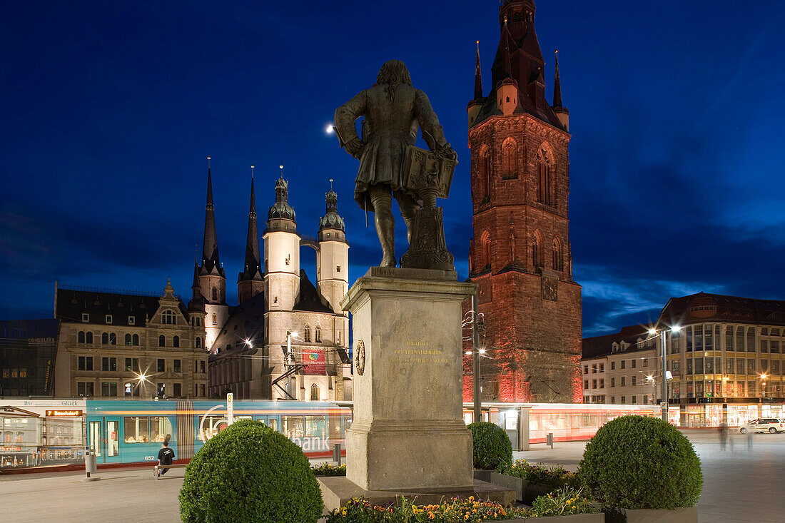 Church on central market square, Haendel monument and Red Tower, Halle an der Saale, Saxony Anhalt, Germany, Europe