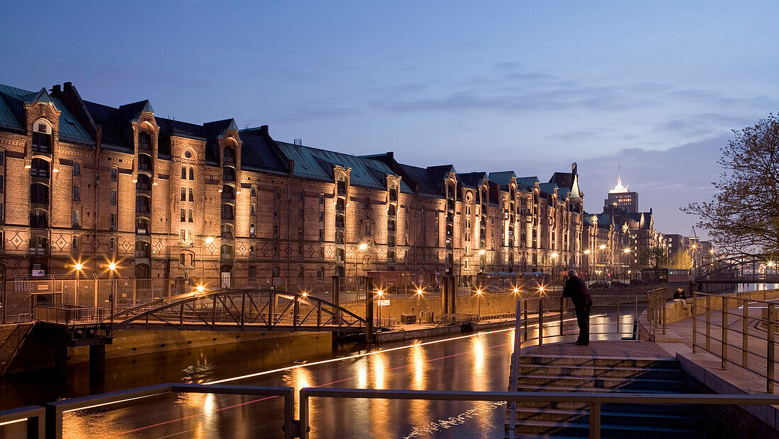 Speicherstadt, historic warehouses, at night, Hamburg, Germany