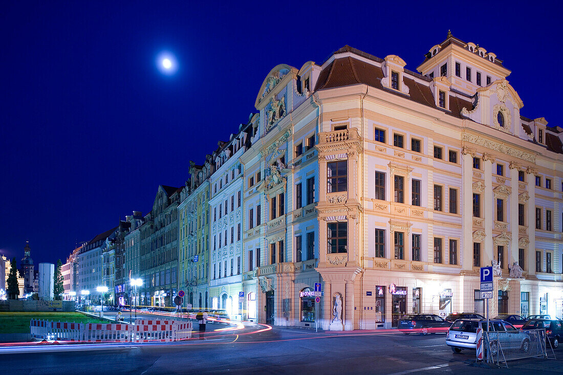 Old houses at Katharinenstrasse at night, Leipzig, Saxony, Germany, Europe