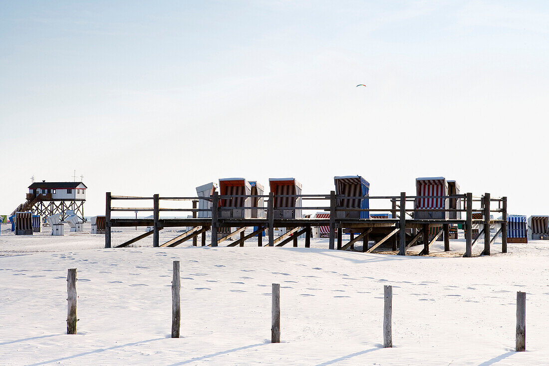Beach chairs at beach, St. Peter-Ording, Schleswig-Holstein, Germany