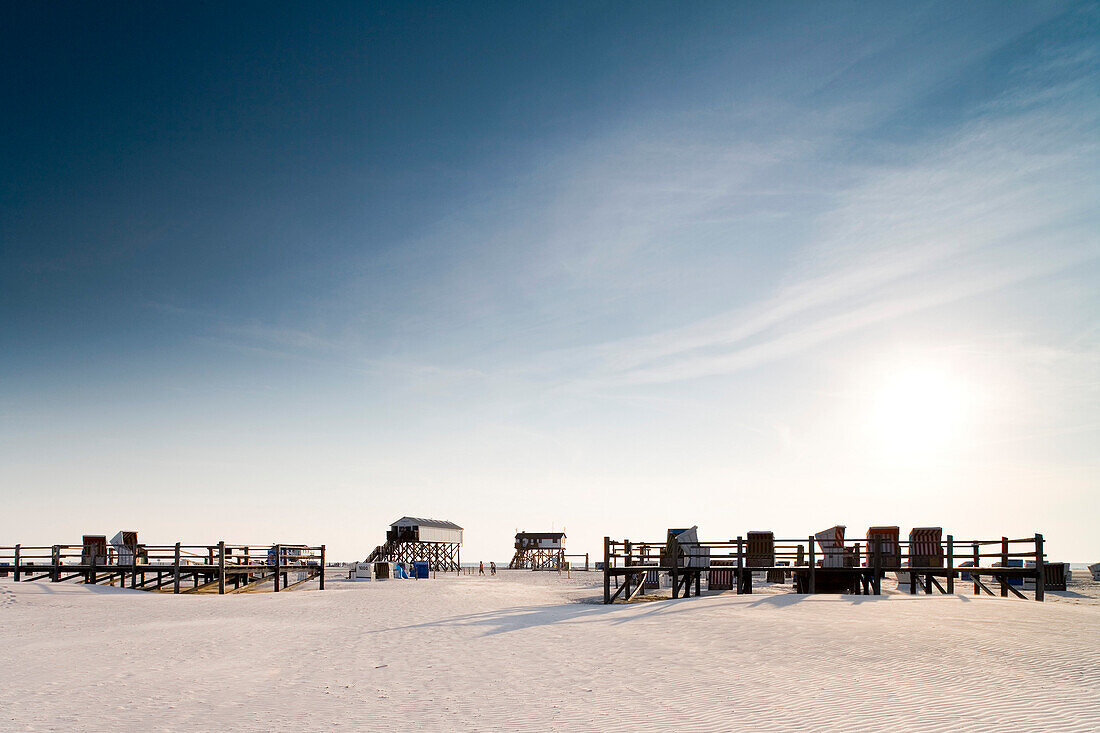 Beach chairs on the beach in the sunlight, St. Peter Ording, Eiderstedt peninsula, Schleswig Holstein, Germany, Europa