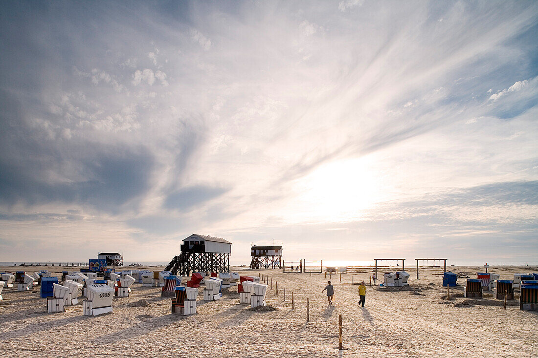 Beach chairs on the beach in the evening, St. Peter Ording, Eiderstedt peninsula, Schleswig Holstein, Germany, Europe