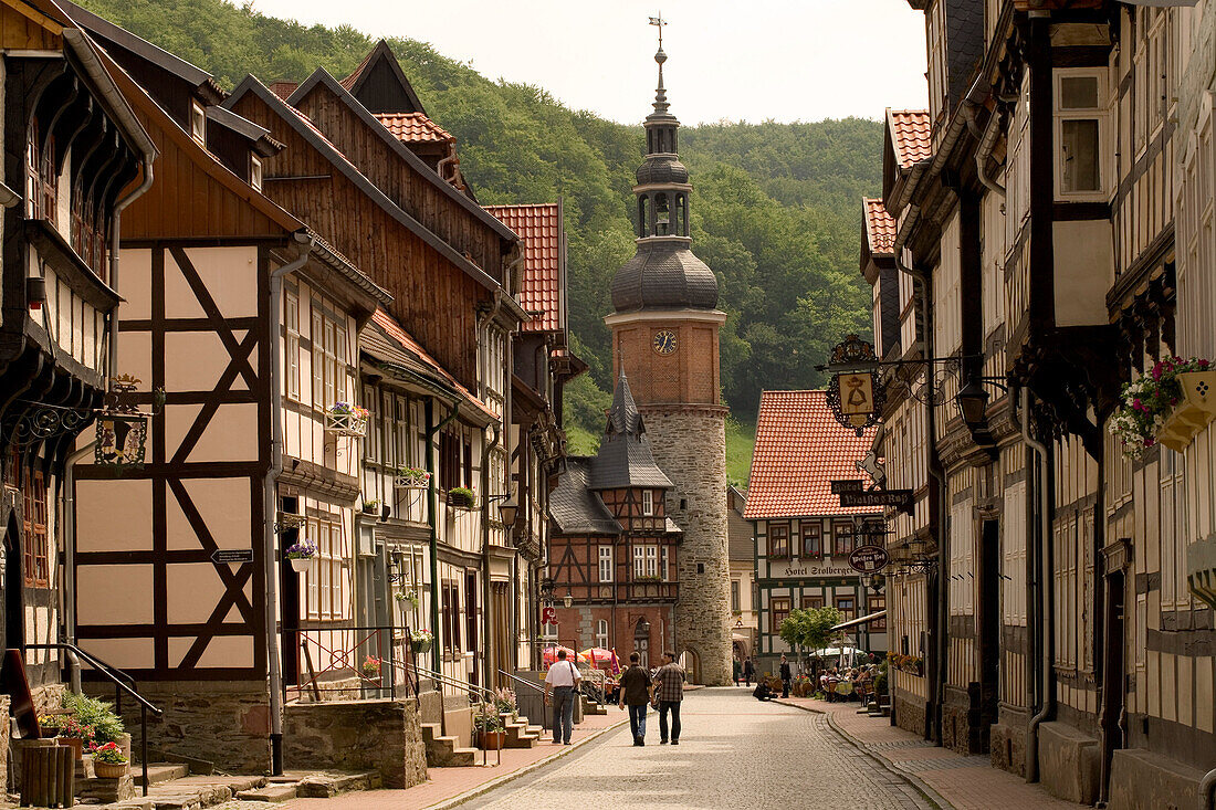 Fachwerkhäuser und Saigerturm in der Rittergasse, Stolberg, Sachsen Anhalt, Deutschland, Europa