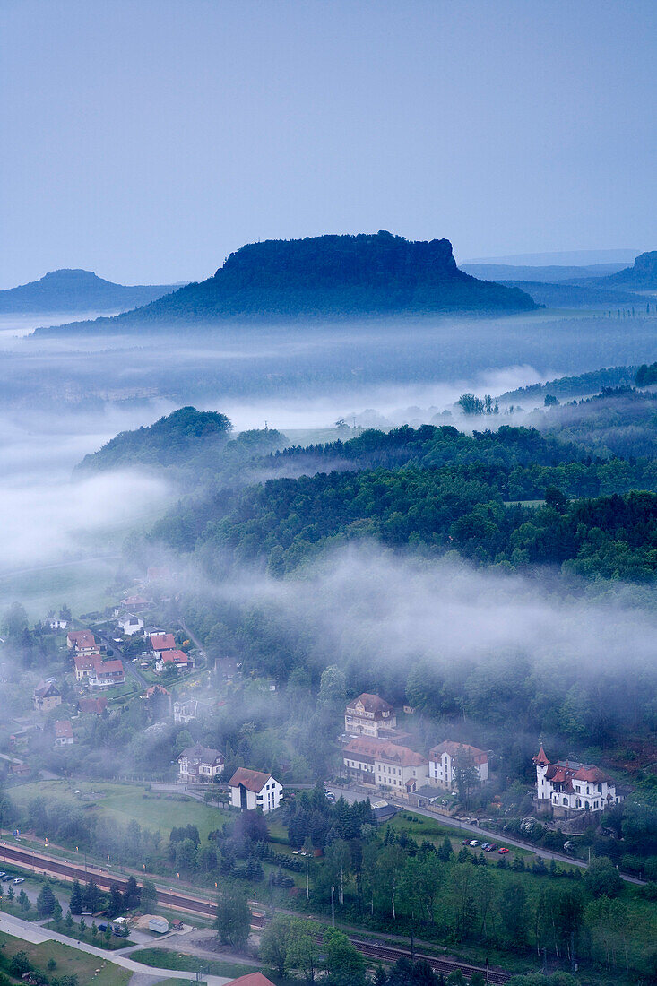 View over Rathen at mount Lilienstein, Saxon Switzerland, Elbsandsteingebirge, Saxony, Germany, Europe