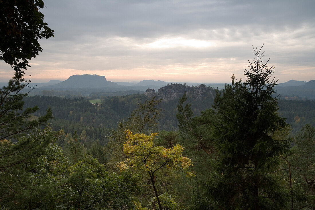 View over forest to mount Lilienstein and Neuratener rocks faces, Saxon Switzerland, Elbsandsteingebirge, Saxony, Germany, Europe