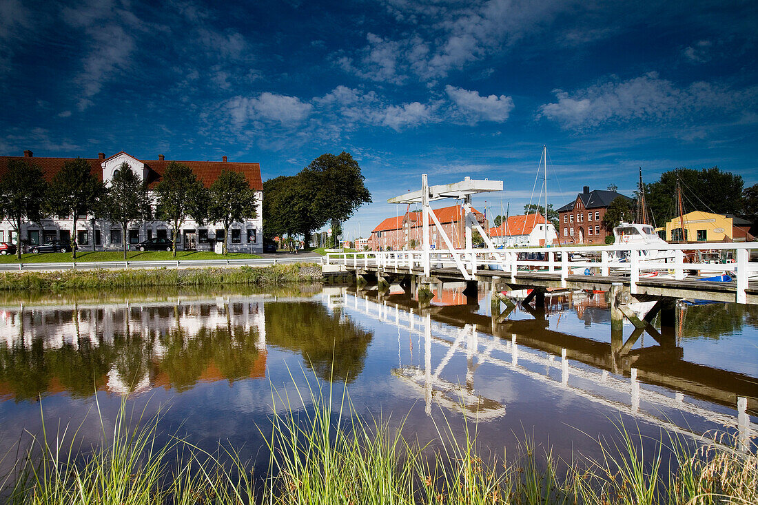 View at a bascule bridge and the harbour of Toenning, Eiderstedt peninsula, Schleswig Holstein, Germany, Europe