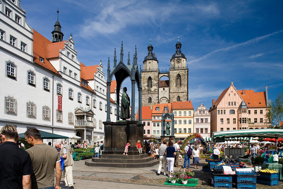 Market square with town hall, St. Mary's church and monuments of Luther and Melanchthon, Wittenberg, Saxony Anhalt, Germany, Europe