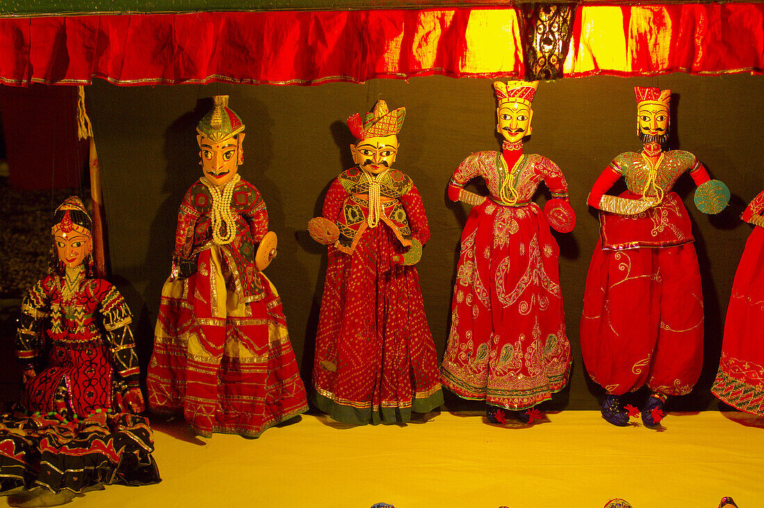 Puppets on a stage for a puppet stage at the Khimsar Fort Hotel, Khimsar, Rajasthan, India