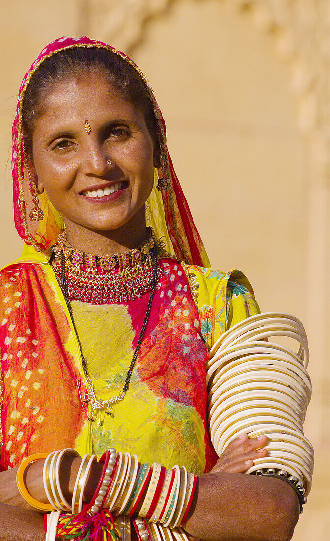 Rajasthani woman outside the Gorbandh Palace Hotel, Jaisalmer, Rajasthan, India