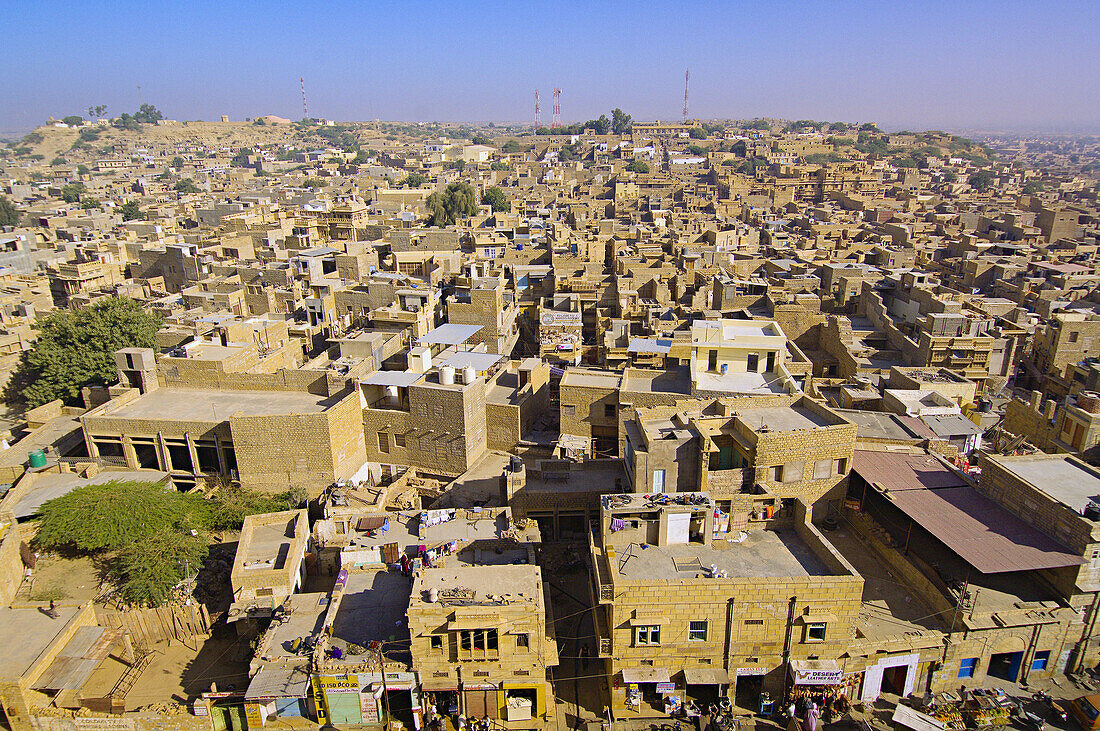 View down from the Jaisalmer Fort to the streets of the city, Jaisalmer, Rajasthan, India