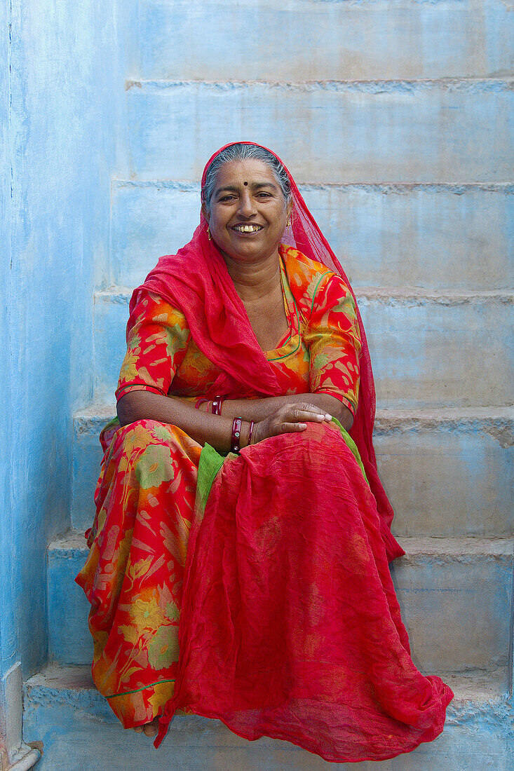 Woman on a stairway in the Blue City, Jodhpur, Rajasthan, India