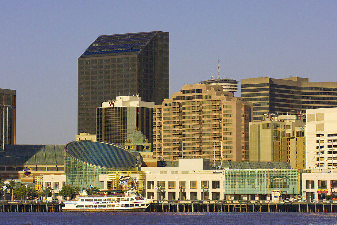 Looking across the Mississippi River to the skyline of New Orleans from Algiers, New Orleans, Louisiana, USA