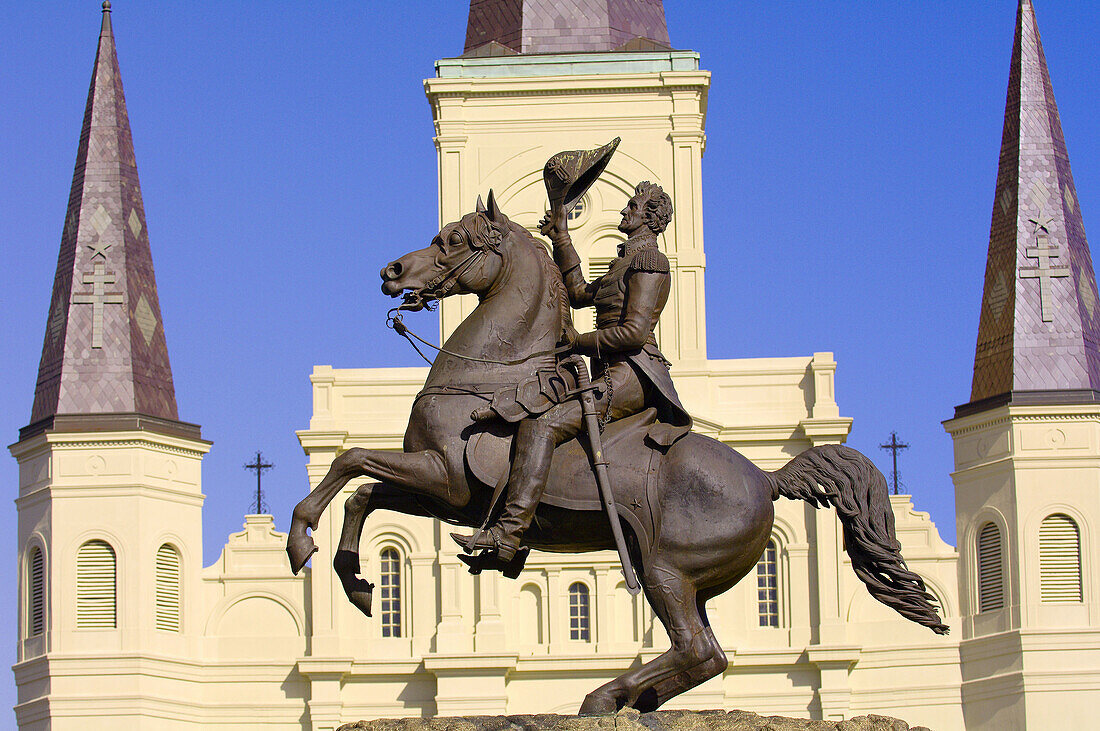 Andrew Jackson statue in Jackson Square with St. Louis Cathedral in back, French Quarter, New Orleans, Louisiana, USA