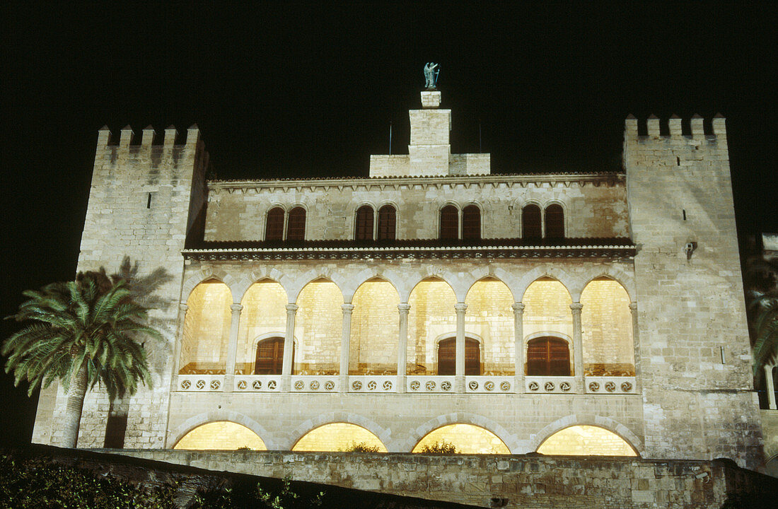 Almudaina Palace at night, Palma de Mallorca. Majorca, Balearic Islands. Spain