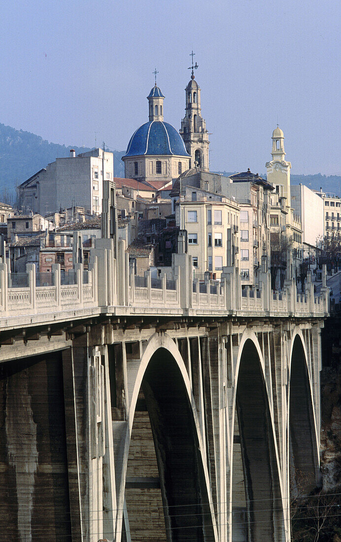 Viaduct and Santa Maria church. Alcoy. Alicante province. Spain.