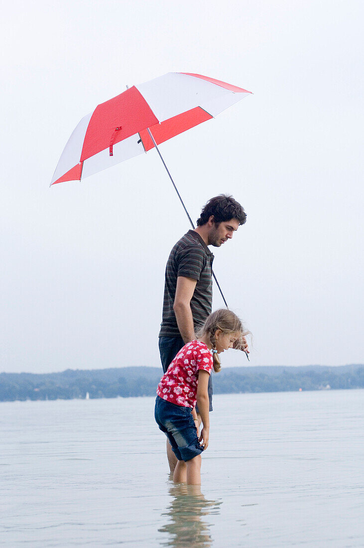 Father and daughter (3-4 years) searching for mussels in lake Ammersee, Bavaria, Germany