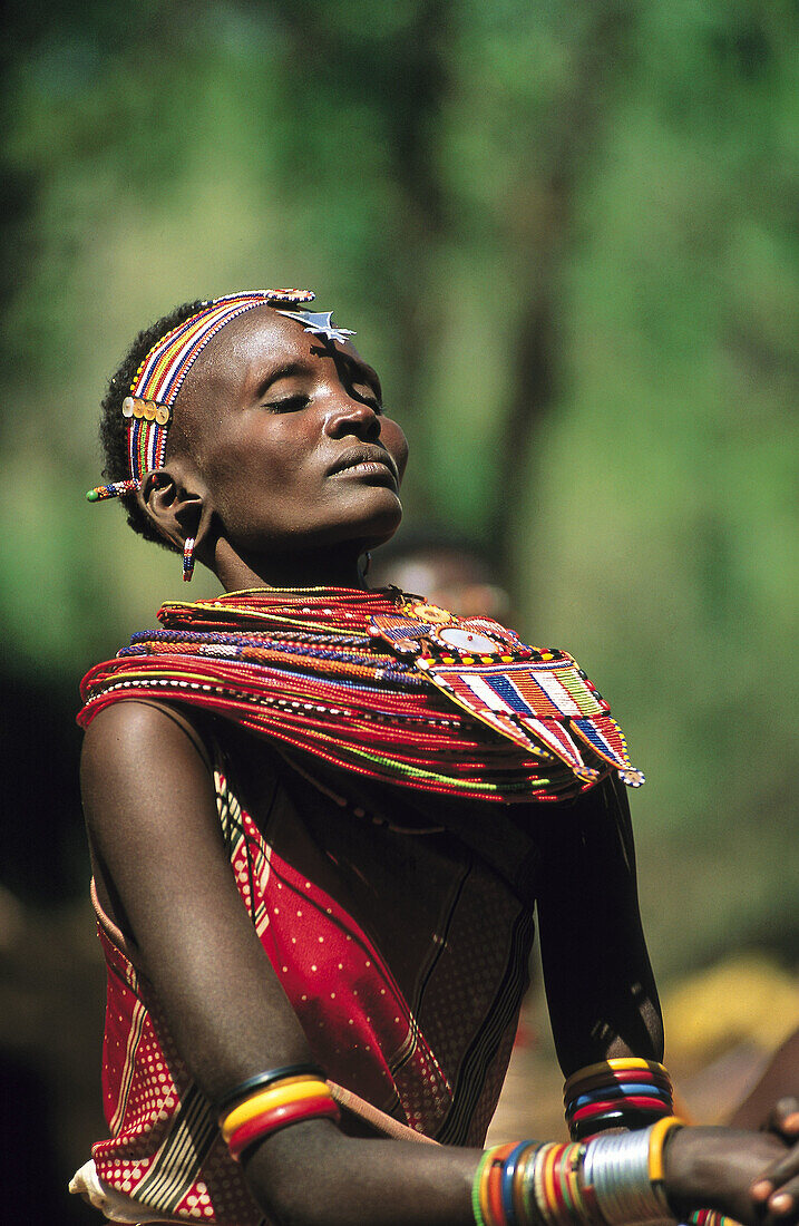 Masai people, shepherds and warriors in Kenya. Woman with necklaces. Masai. Kenya.