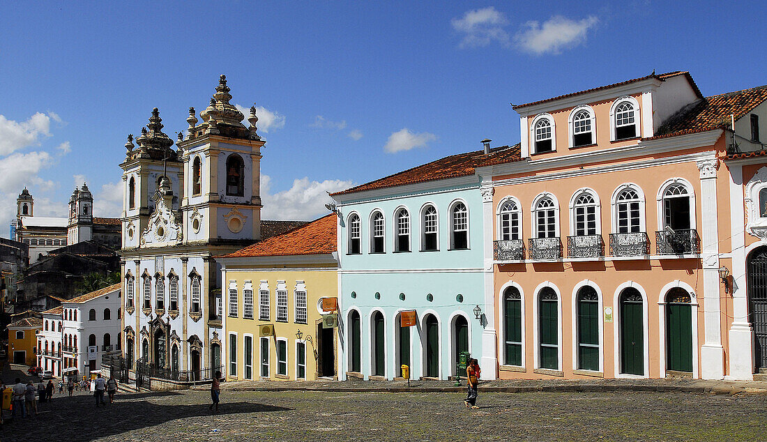 Street and Nossa Senhora do Rosario dos Pretos church in background. Salvador da Bahia. Brazil