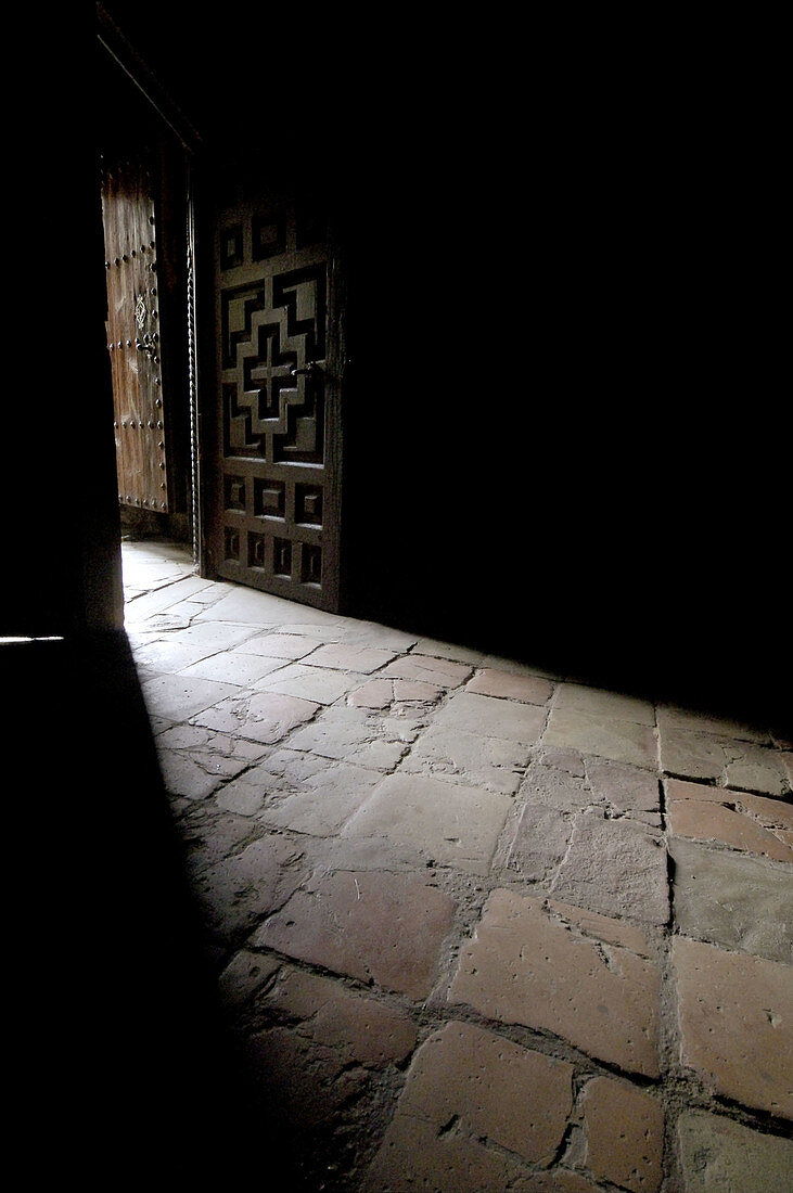 Entrance door to the parish church of Molinos. Teruel province. Aragón. Spain.