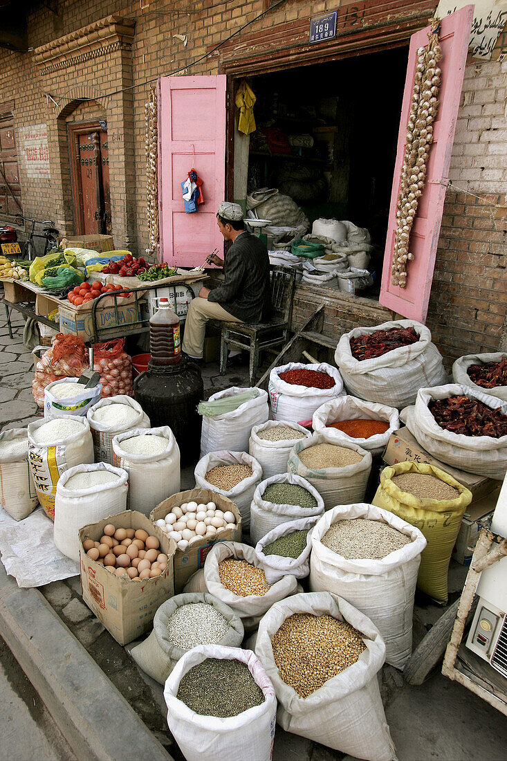 A local grocery store in Kashgar, Xinjiang Province, China