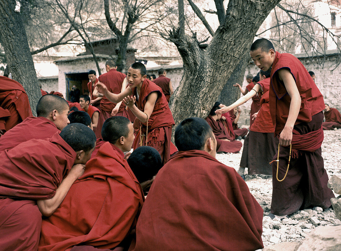 Young monks debating at Sara Monastery. Tibet.