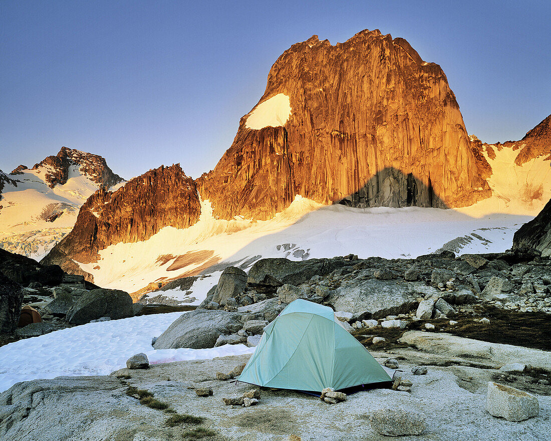 Tent at Apleebee Campsite with Snowpatch Spire in Background, Bugaboos, Purcell Mountains, British Columbia, Canada