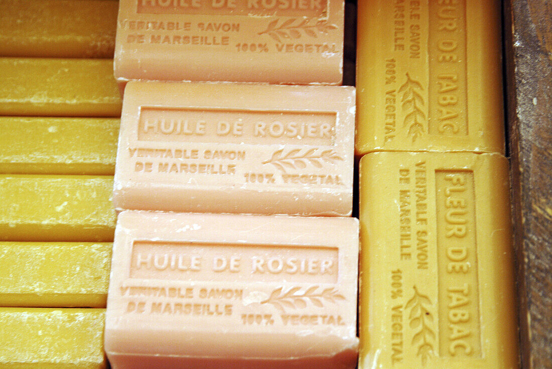 Bars of hand made soap, for sale at an outdoor market in Provence, France