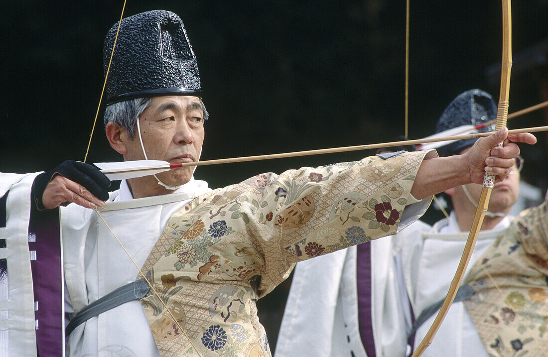 A view of monk archers at kamigamo-jinja for an archery contest. Kyoto city. Kyoto. Japan.