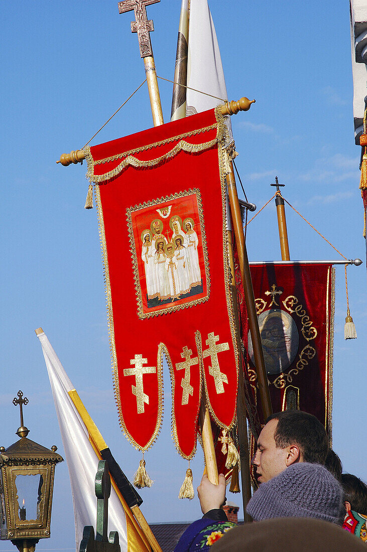 Adult, Adults, Banner, Banners, Carry, Carrying, Christian, Christianity, Collective, Color, Colour, Community, Contemporary, Daytime, Devotion, Exterior, Faith, Folk, Folklore, Human, Male, Man, Men, Outdoor, Outdoors, Outside, Parade, Parades, People, P