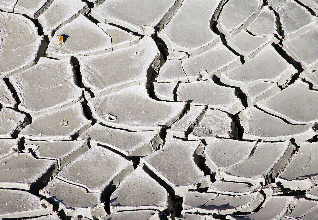 Cracked mud outlines a thermal feature in Bumpass Hell, Lassen Volcanic National Park, California, USA.