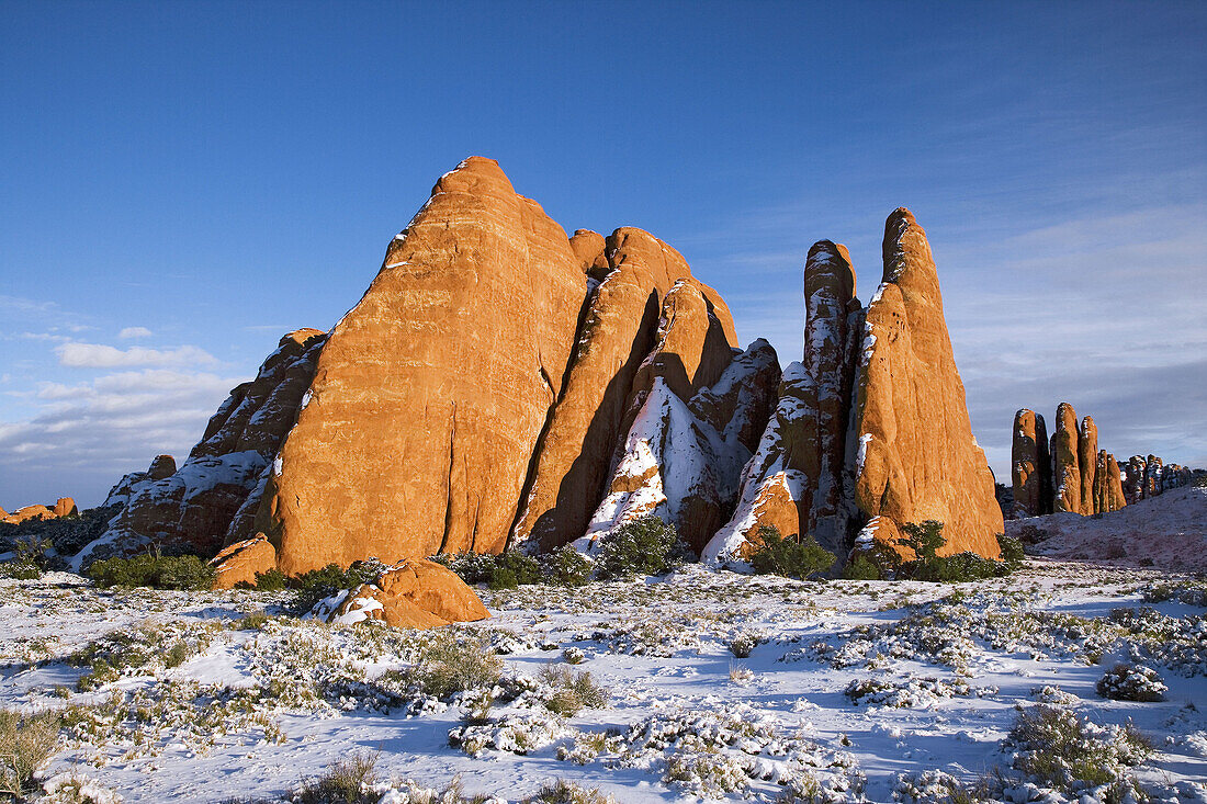 Winter brings snow to the high desert and sandstone fins of Arches National Park, Utah, USA.