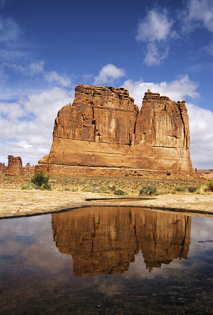 The Organ reflects in a rain filled pothole after a passing summer storm, Arches National Park, Utah, USA.