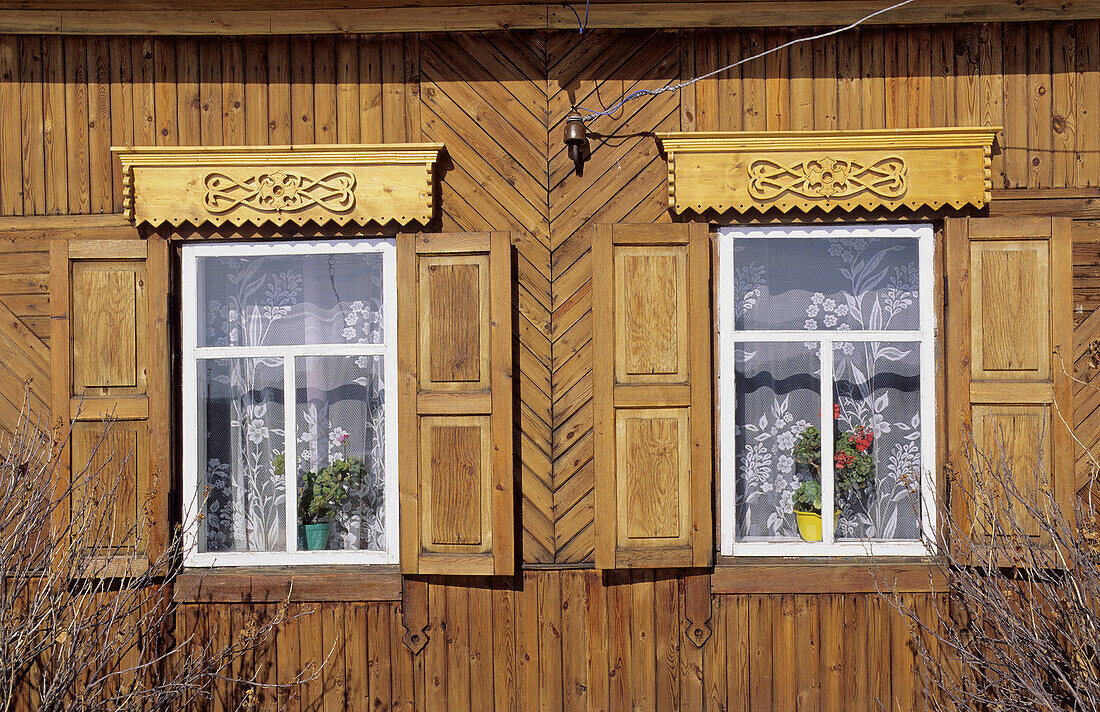 Typical carved wooden house on Olhkon Island, Siberia, Russia