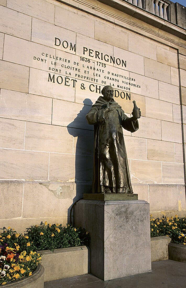 Dom Perignon statue in city of Epernay, Champagne district, France