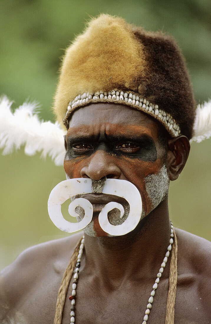 Portrait of an Asmat man with painted face, head-dress and wearing a shell on the nose, Western Papuasia, Former Irian-Jaya, Indonesia