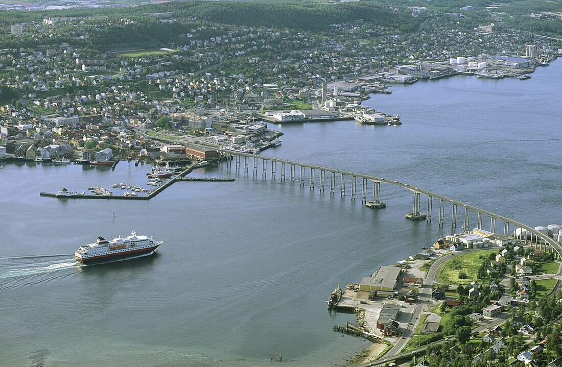 Aerial view of Tromso, Norway, with ferry approaching