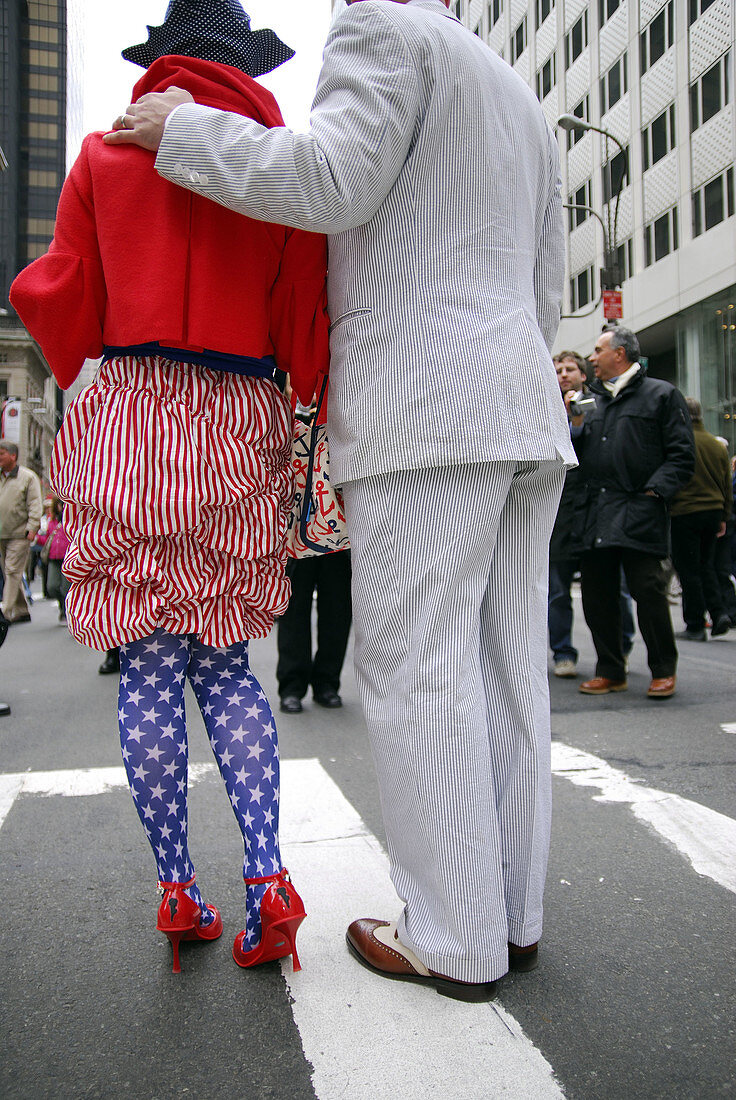 Easter Parade. Easter Sunday (April). New York City. Manhattan. 5th Ave. Woman wearing a patriotic costume symbolic of the American flag.