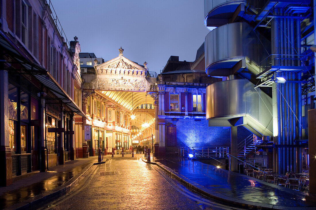 Lloyd`s of London with Leadenhall Market, The building was errected from 1978 -1986 by english architect Richard Rogers, London, England, Europe