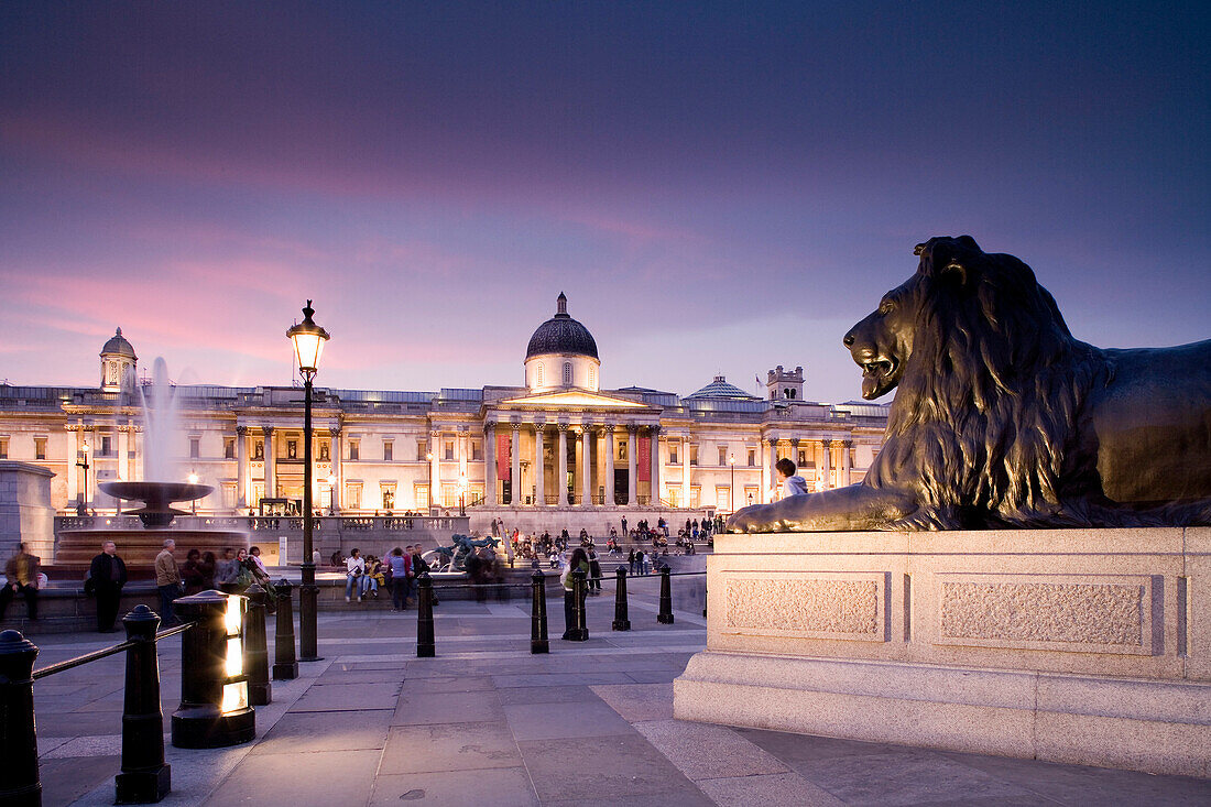 Trafalgar Square mit Löwen Skulptur und die National Gallery, London, England, Europa