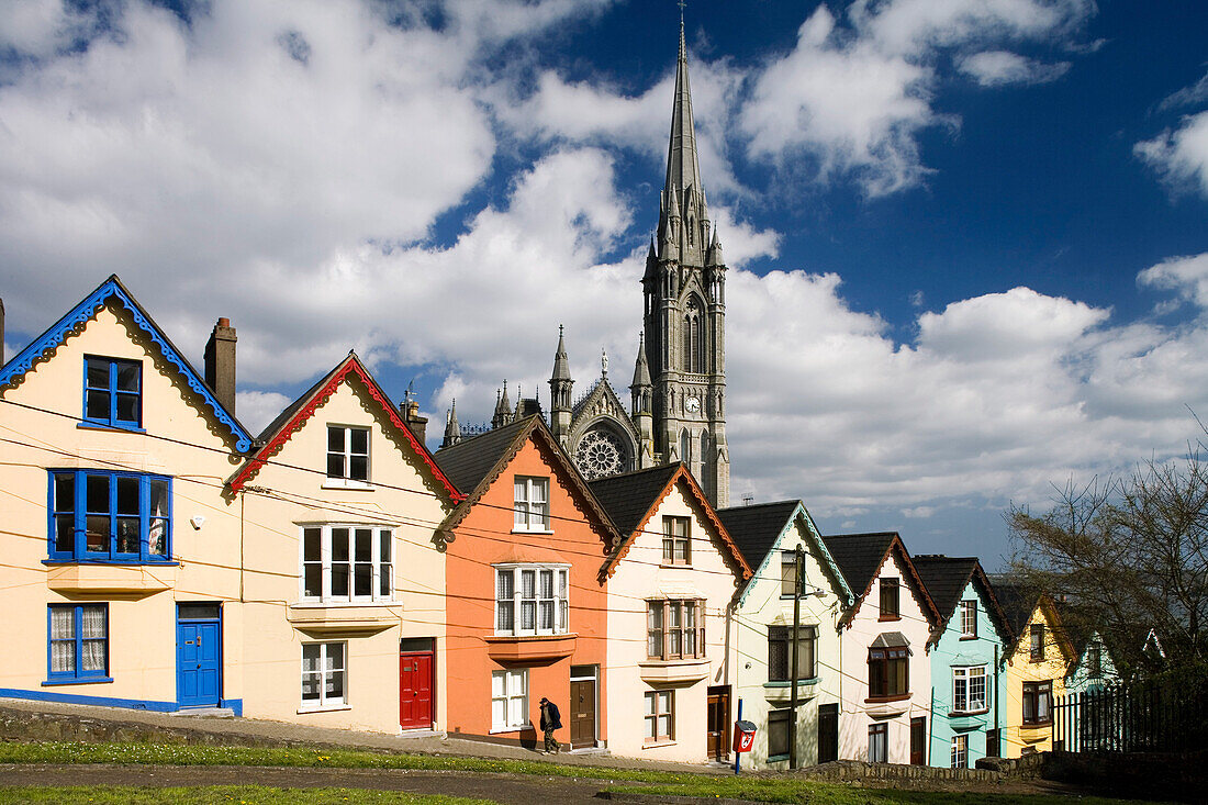 Häuserreihe mit Kathedrale im Hintergrund, West View in Cobh, County Cork, Irland, Europa