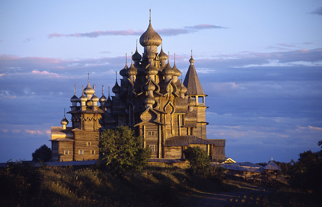 Ensemble of wooden churches of the Transfiguration (1714) and Veil of Holy Virgin (1764), UNESCO Heritage object. Kizhi island, Onega lake, Karelia, Russia