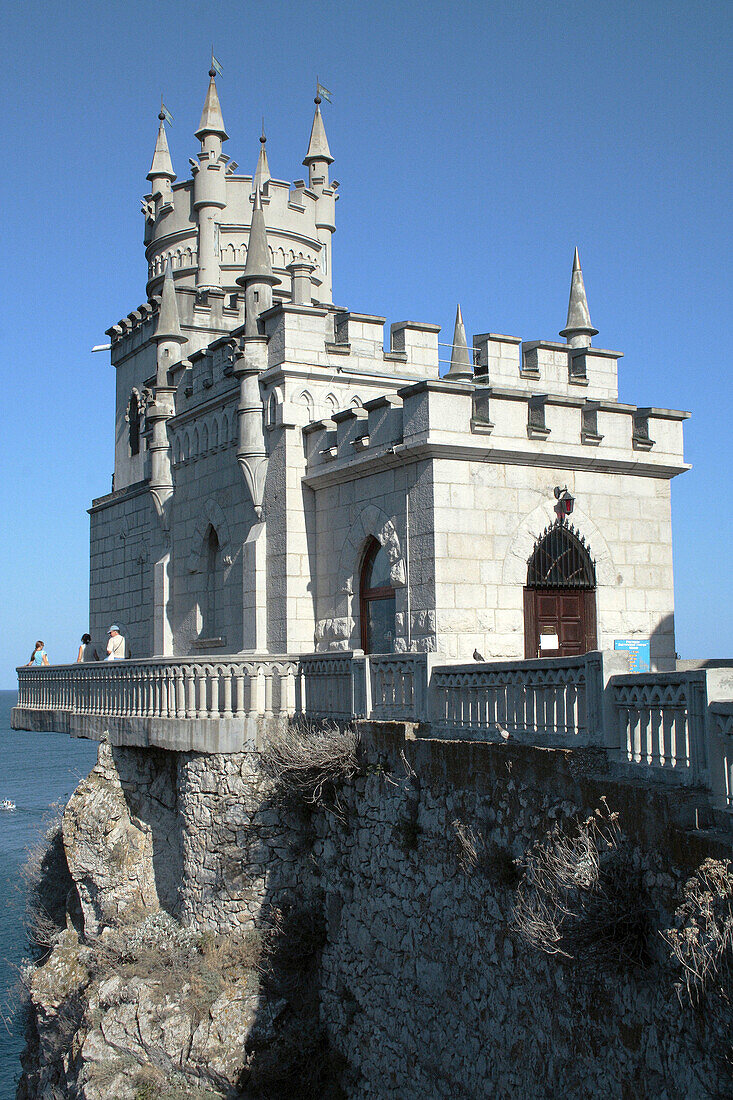 Swallows Nest mock-medieval castle built between 1911-1912 to a Neo-Gothic design by the Russian architect Leonid Sherwood on the top of Ai-Todor cape of the Black Sea, Gaspra. Crimea, Ukraine