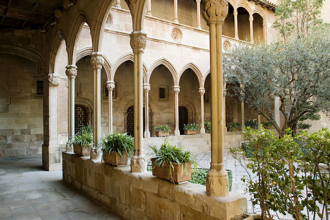 Old Gothic cloister (15th century) of Montserrat benedictine monastery. Barcelona province, Spain